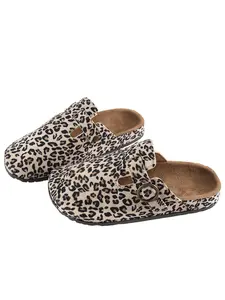 Women's Leopard Print Mules, Casual Slip-On Sandals, Comfortable Soft Sole, Adjustable Buckle, Flat Heel, All Seasons, Indoor & Outdoor, Foot Clogs
