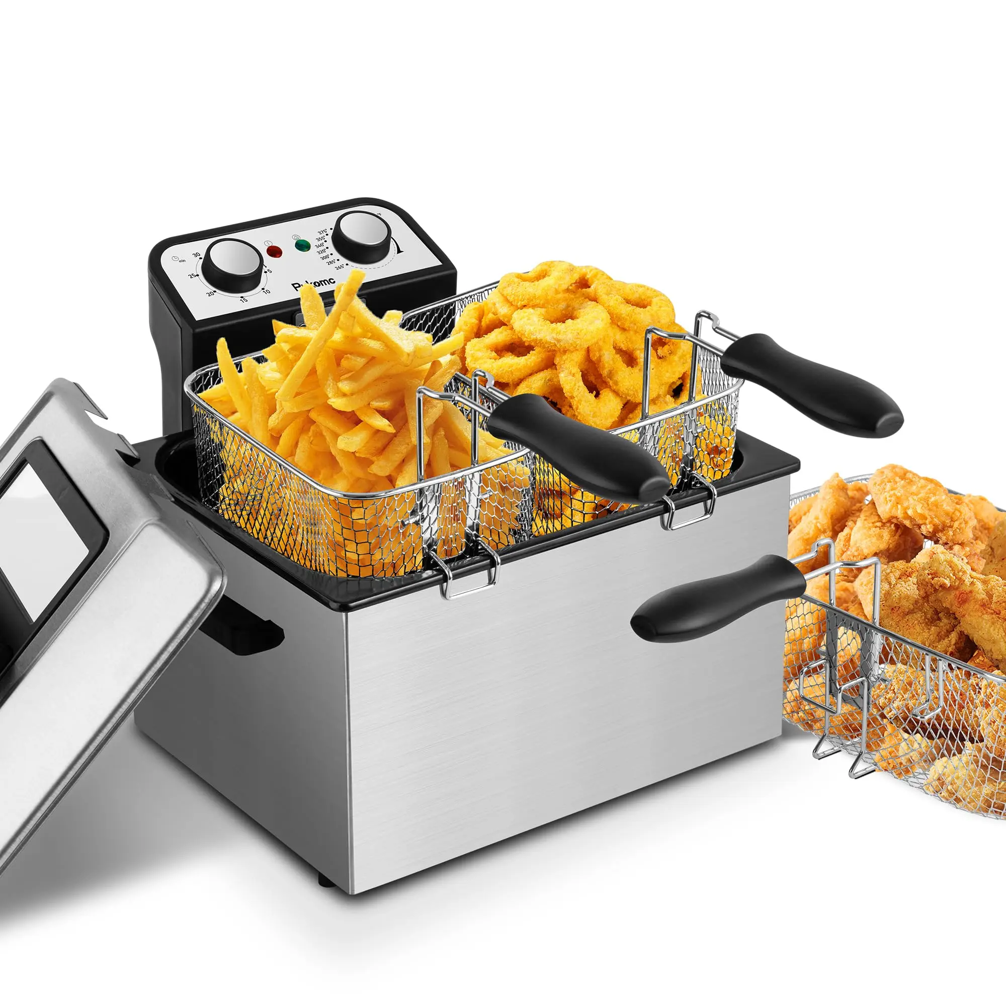 SUSTEAS Electric Deep Fryer, 5.3QT/5L 1800W Stainless Steel Fryer with 3 Baskets, Timer & Adjustable Temperature Control, Viewing Lid, Nonstick Pot Deep Fryer With Basket For Home Use
