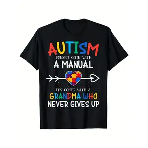 Autism Doesn't Come with a Manual Grandma T-Shirt - Inspirational Puzzle Piece & Heart Design,  Cotton Unisex Casual Tee, Slightly Elastic Round Neck, Machine Washable, Sizes S-XXXL, Everyday Tshirt |   Round Neck  double print  Vintage Metalcore Graphic