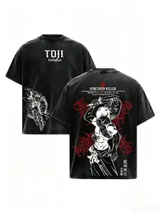 Toji Fushiguro Jujutsu Kaisen Anime Graphic Tee, Double Printed Vintage Washed Heavy Cotton Oversized T-Shirt, High-Resolution 2D Vector Print Pure Black Unisex Retro Streetwear Outfits, Trendy JJK Manga Tops, The Best Perfect Gifts For Otaku Fans!!!!!
