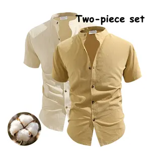 2-Pack Low-Key Business Cotton-Linen Shirts, Roll Cuff Stand Collar Short Sleeve Commuter Tops