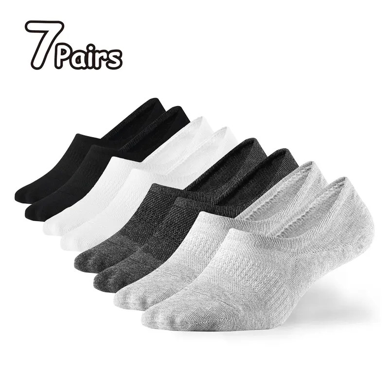 WANDER Unisex No-Show Sports Socks, 7-Pair Low-Cut Cotton Socks with Non-Slip Design, Breathable Fabric, Mesh, Spandex, Toe Reinforcement, Durable, Plain, Size 6-8/9-11/12-14 (Black, White, Grey)