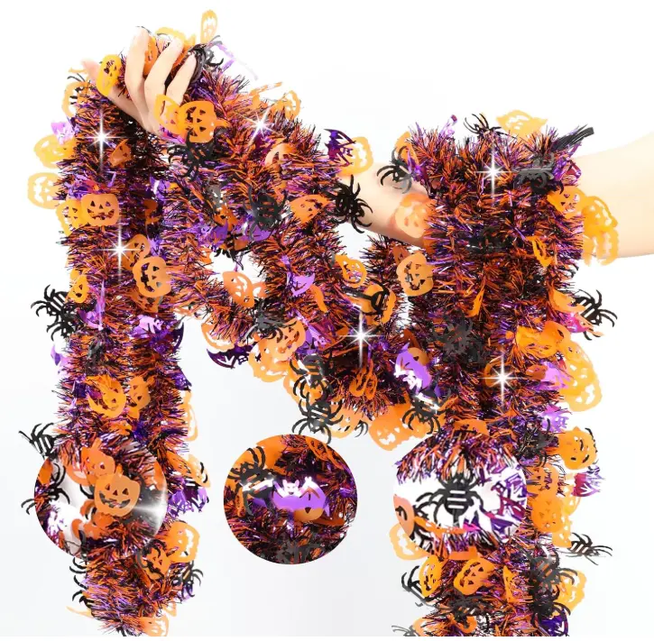 33 FT Halloween Tinsel Garland Decorations,Orange Purple Black Halloween Garland with Pumpkins, Bat, Spider Shiny Metallic Garlands for Indoor Outdoor Decorations