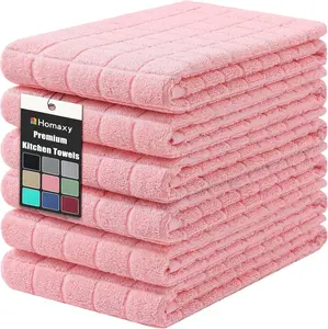 Homaxy Premium Cotton 16"x28" Large 390 GSM Ring-Spun Natural Terry Cloths, Super Absorbent Soft Hanging Loop Option, Grey Check Design for Dishes & Hands, 6-Pack