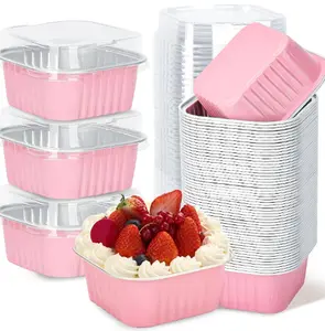 30 Pcs 10 oz Square Aluminum Foil Mini Cake Pans with Lids, 4"x4" Disposable Baking Cups, Kitchen Bakeware Gift for Cooking-Loving Moms (Pink)
