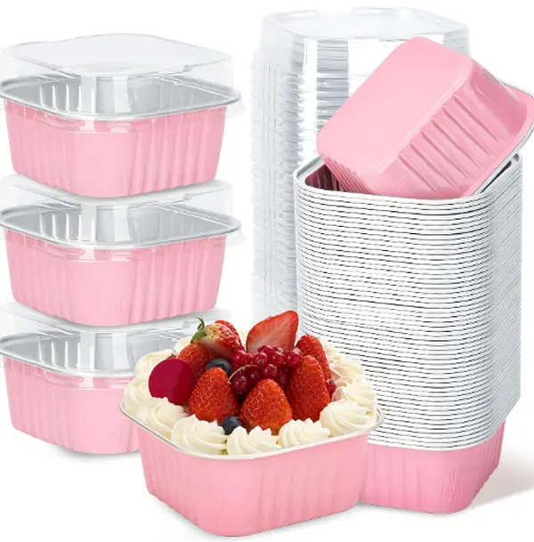 4"x4" 10 oz Square Aluminum Foil Mini Cake Pans (30-Piece) with Transparent Lids, Oven-Safe Disposable Bakeware, Baking Tools for Dessert, Baby Showers, Cooking-Loving Moms (Pink)