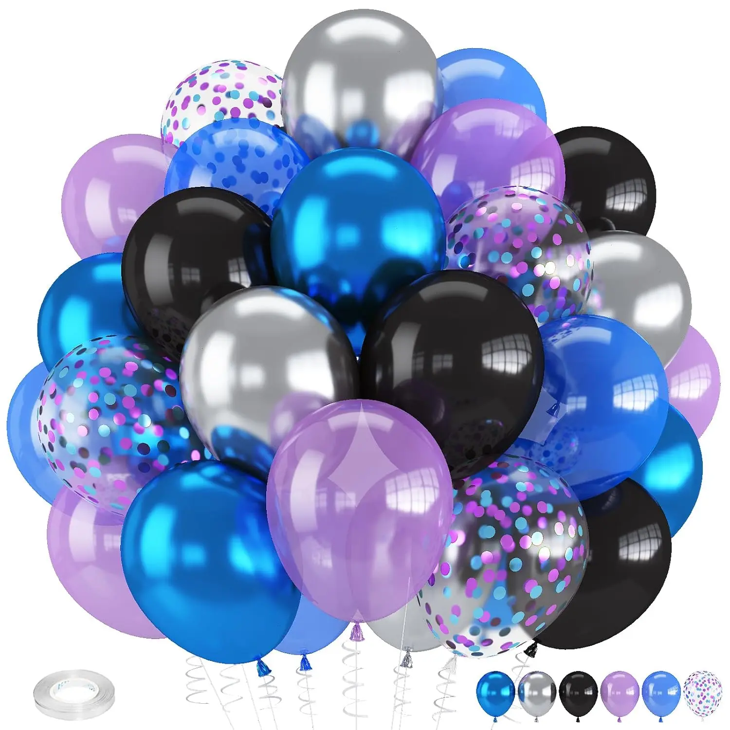 12-Inch Black, Blue, Purple & Silver Confetti Balloons for Outer Space, Astronaut & Game Parties