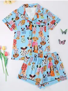 Women's 2-Piece Pajama Set, Casual Loose-Fit Short Sleeve Open Front Top & Shorts, Dog Pattern Print Design, All-Season Sleepwear, Cute Loungewear