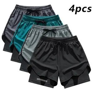 Men’s faux two-piece athletic shorts for summer—quick-drying, breathable, anti-exposure—loose fit with drawstring; casual training shorts suitable for fitness and running; trendy sporty style; lightweight, comfortable, versatile four-pack ideal for everyd