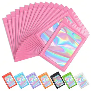 50pcs Pink Gift Packaging Bags, Gift Wrapping Supplies, Resealable Gift Bag, Sample Bags, Clear Display Pouches, Reusable Ziplock Bags, Holographic Bags For Jewelry Storage, Accessories, Party, Wedding, Birthday, Festival Gift