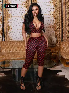 Women's Three-Piece Set with Polka Dot Print Tank Top, Slimming Short Sleeve, Tight Long Pants, Ideal for Outing and Dating, Style