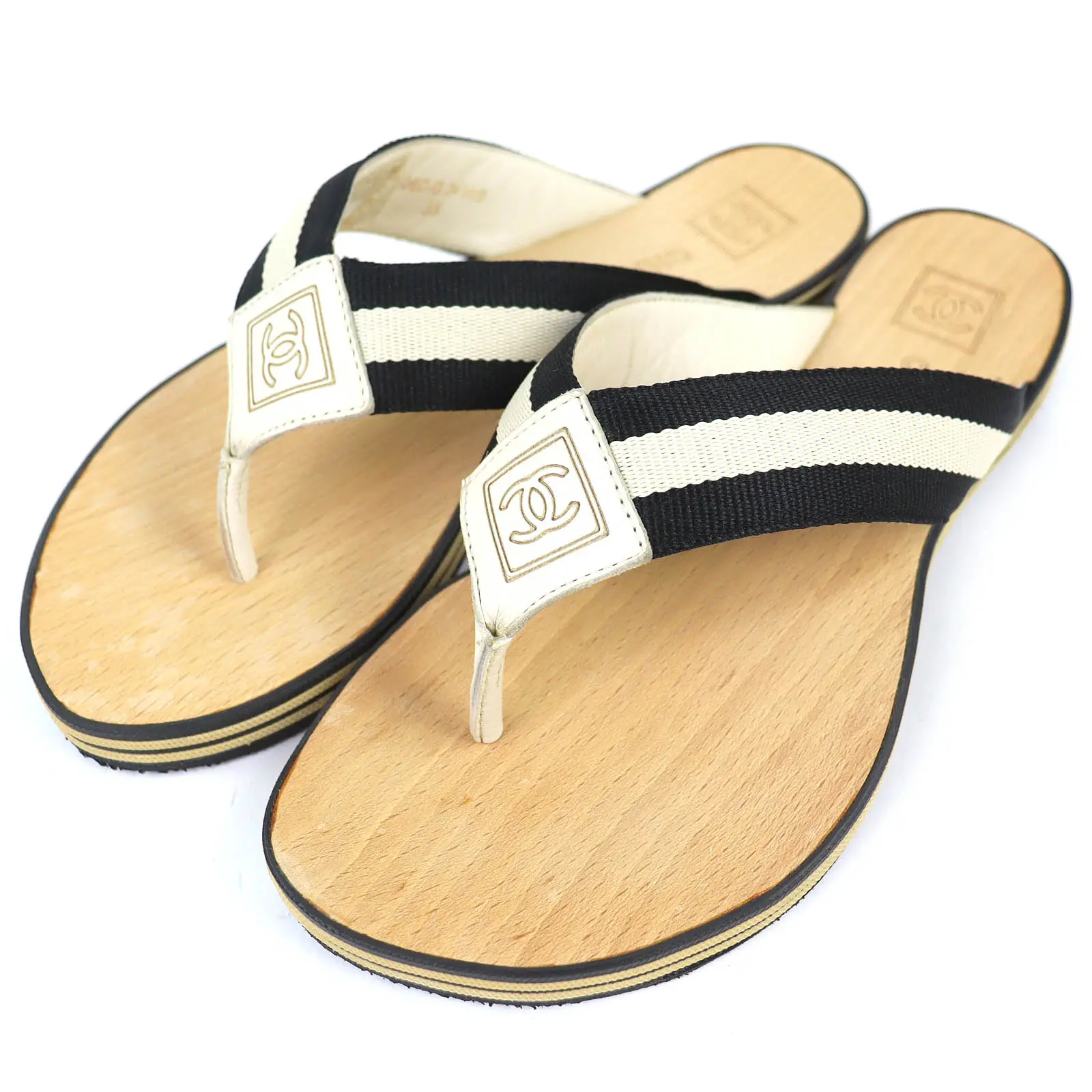 Pre-owned CHANEL Wood Small Leather Goods ENTRE DOIGTS COCO Thong Sandals