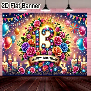 2D flat banner, 1pcFestive 13th Birthday Celebration Backdrop, Colorful Roses and Balloons Design with Sparkling Number 13 and Happy Birthday Banner for Birthday Party Decorations