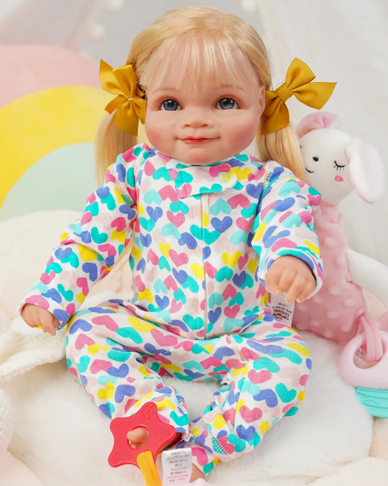 VACOS 20in Realistic Collectible Reborn Baby Doll - Soft Vinyl Body with Detailed Wrinkles, Silky Curls, Vivid Blue Eyes, Colorful Heart-Print Pajamas, Soft Cuddly Dress Up Doll for Christmas, 1st Birthday Gifts, Realistic Baby Dolls
