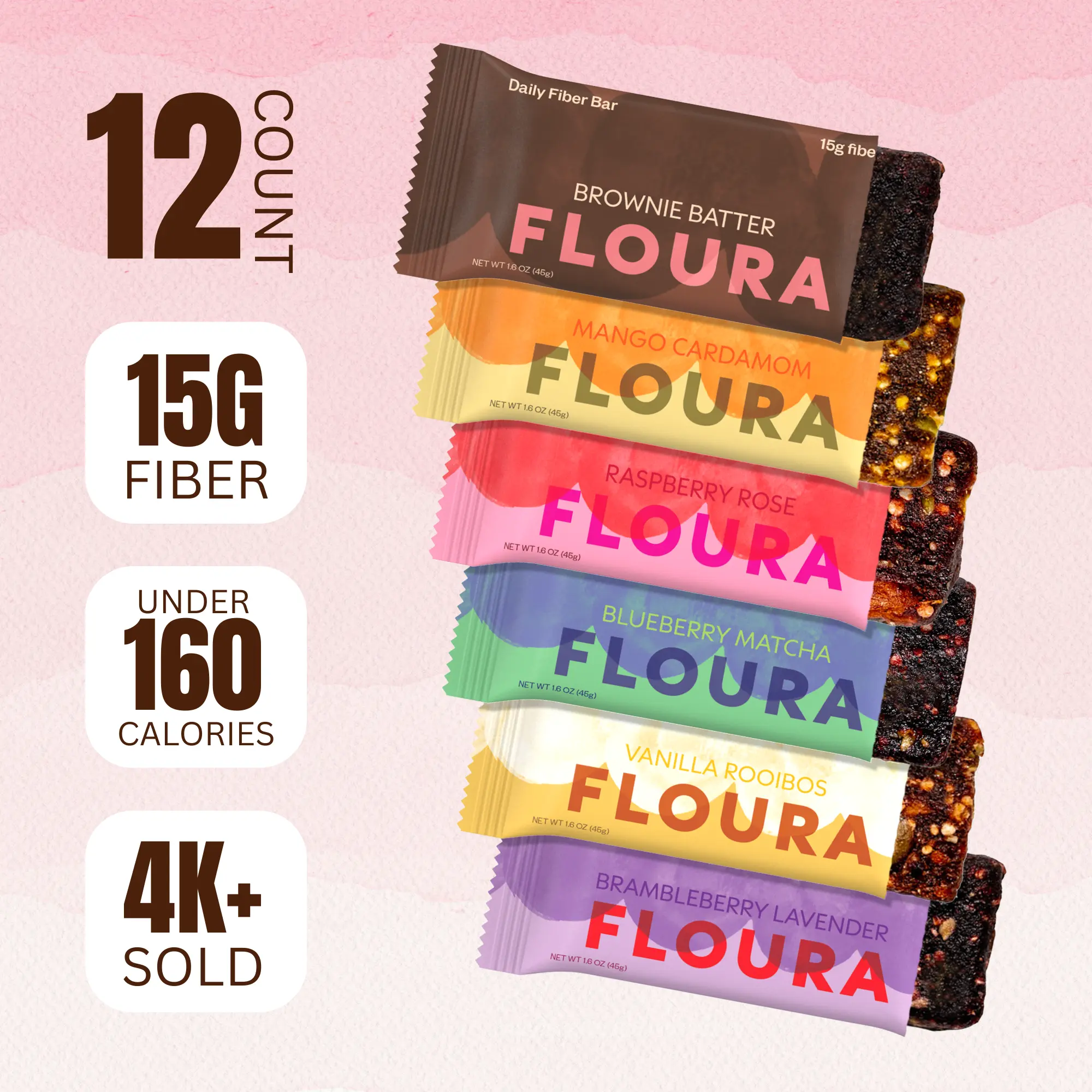Floura Fiber Bar Variety Pack, 12-Pack – 15g Diverse Fiber, Gluten-Free, Vegan, 6 Flavors