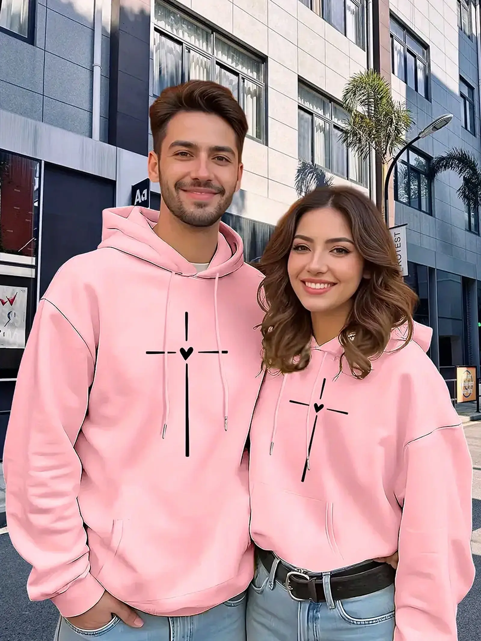 Women's Men's Unisex Geometric Love Design Cozy Hoodie Pullover - Fabric Yarn Ribbed Seamless Pocket, Perfect Anniversary Gift Outfit, Fitted, Long Sleeve, Casual, Cotton