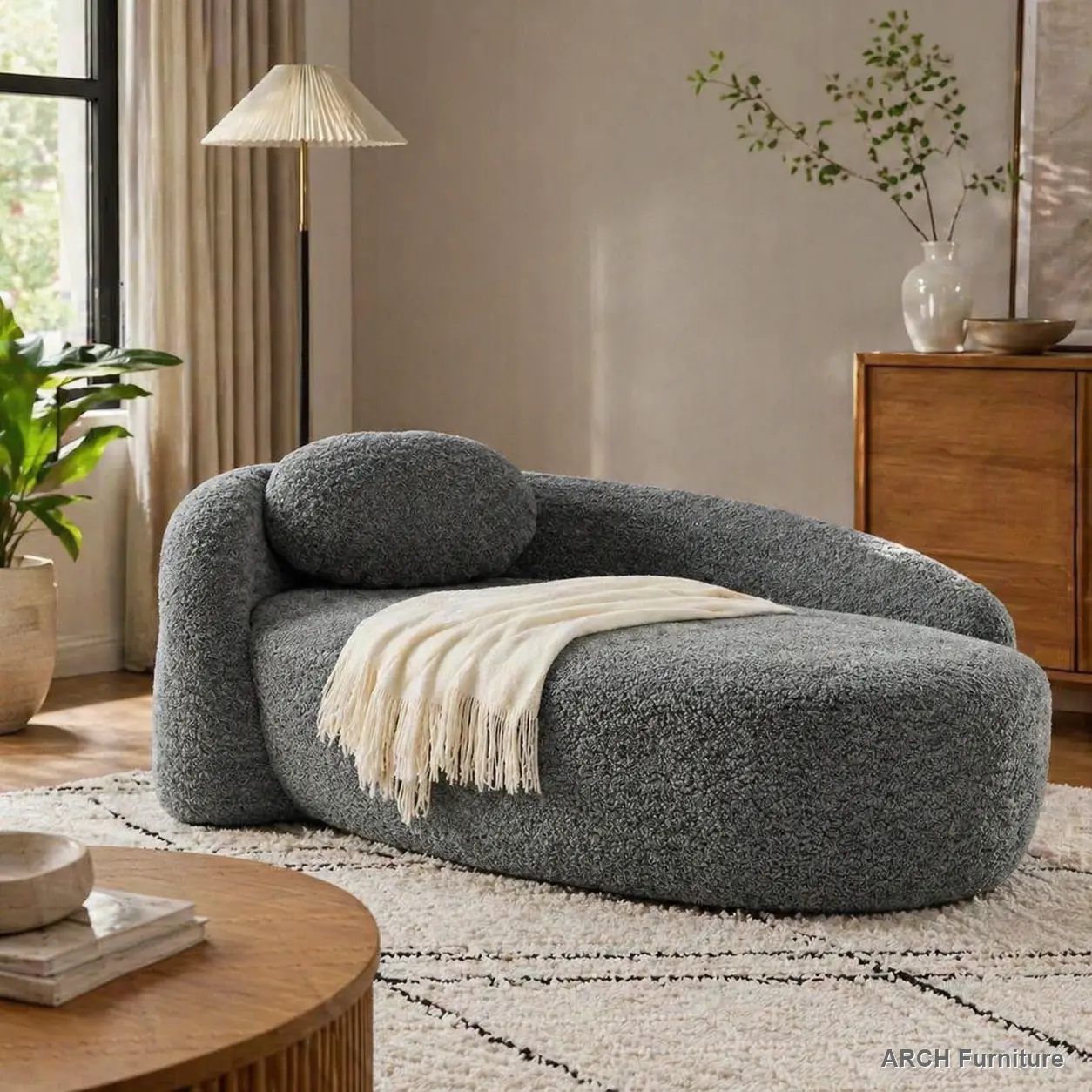 Dark Gray 1-Person Oval Boucle Fabric Lazy Sofa Chair, Compact Space-Saving Modern Lounge Sofa for Living Room, Bedroom, with Integrated Backrest, Textured Weave Side Armrest and Pillow, Sofas Living Room