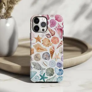 Coastal Seashell Collage Tough Case for iPhone 17 16 15 14 13 12 Pro Max Starfish Marine Ocean Beach Design Protective Cover Polycarbonate TPU 2D Design Impact Resistant Shock Dispersion