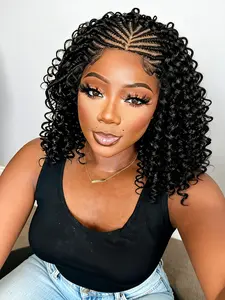 Cornrow Braided Lace Front Wigs for Women, 16inch Short Curly Bob, #1b, Pre Plucked Natural Hairline, Glueless Daily Use, Synthetic Wig