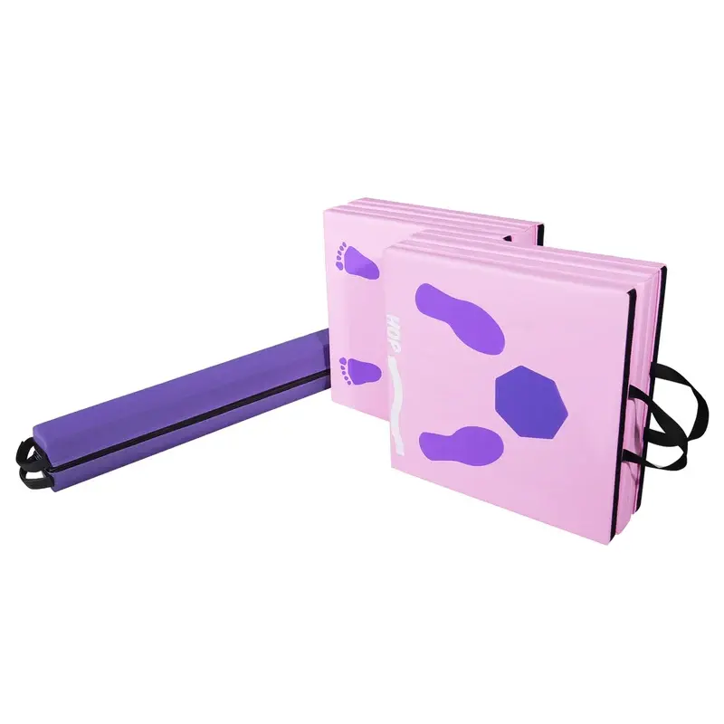 KANGAROO HOPPERS Gymnastics Mat for Kids, 2-in-1 Folding Tumbling Pad and Balance Beam, Thick EPE Foam with Cartwheel Guides & Secure Velcro