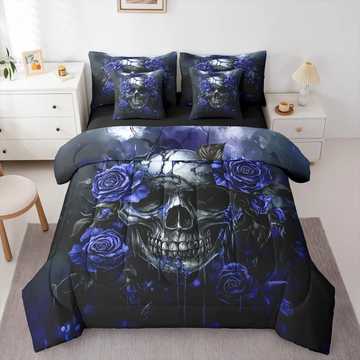 Feelyou 7-Piece Microfiber Soft Halloween Gothic Bedding Set - Queen Size Comforter, Sheets, Navy Blue Rose Skull & Sugar Skull Floral Design Bed-in-A-Bag for Adults, Microfiber Bedding Set, Soft Bedding Sets