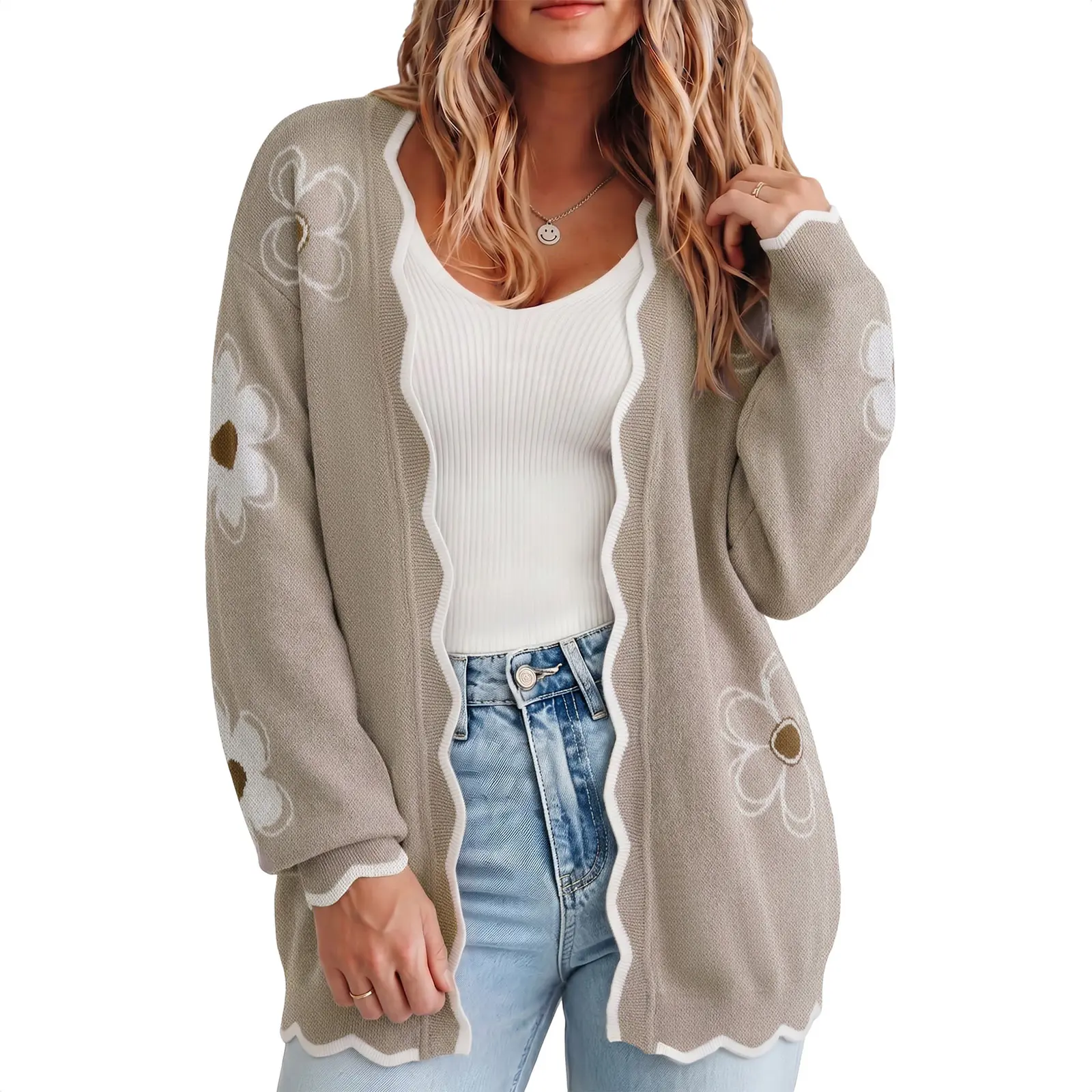Eytino Womens Plus Size Floral Pattern Scallap Trim Open Front Drop Shoulder Cozy Sweater Cardigan (1X-5X)