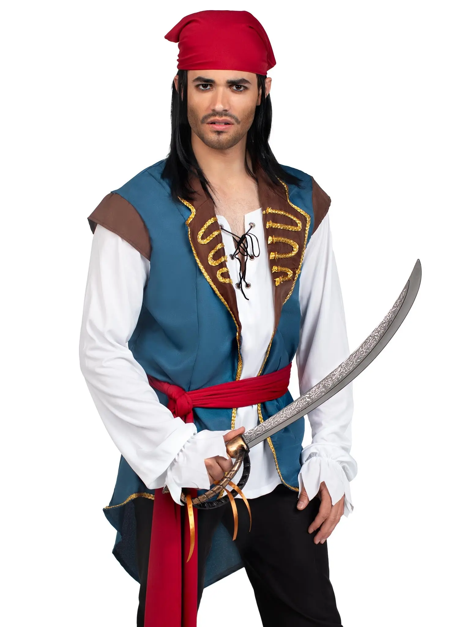 Men's Pirate Costume, Classic Lightweight 3-Piece Scoundrel Party Costume with Lace-Up Shirt & Vest Combo, Sash, and Head Scarf for Halloween, Menswear, Pirate Costume Accessories, Trick Or Treat