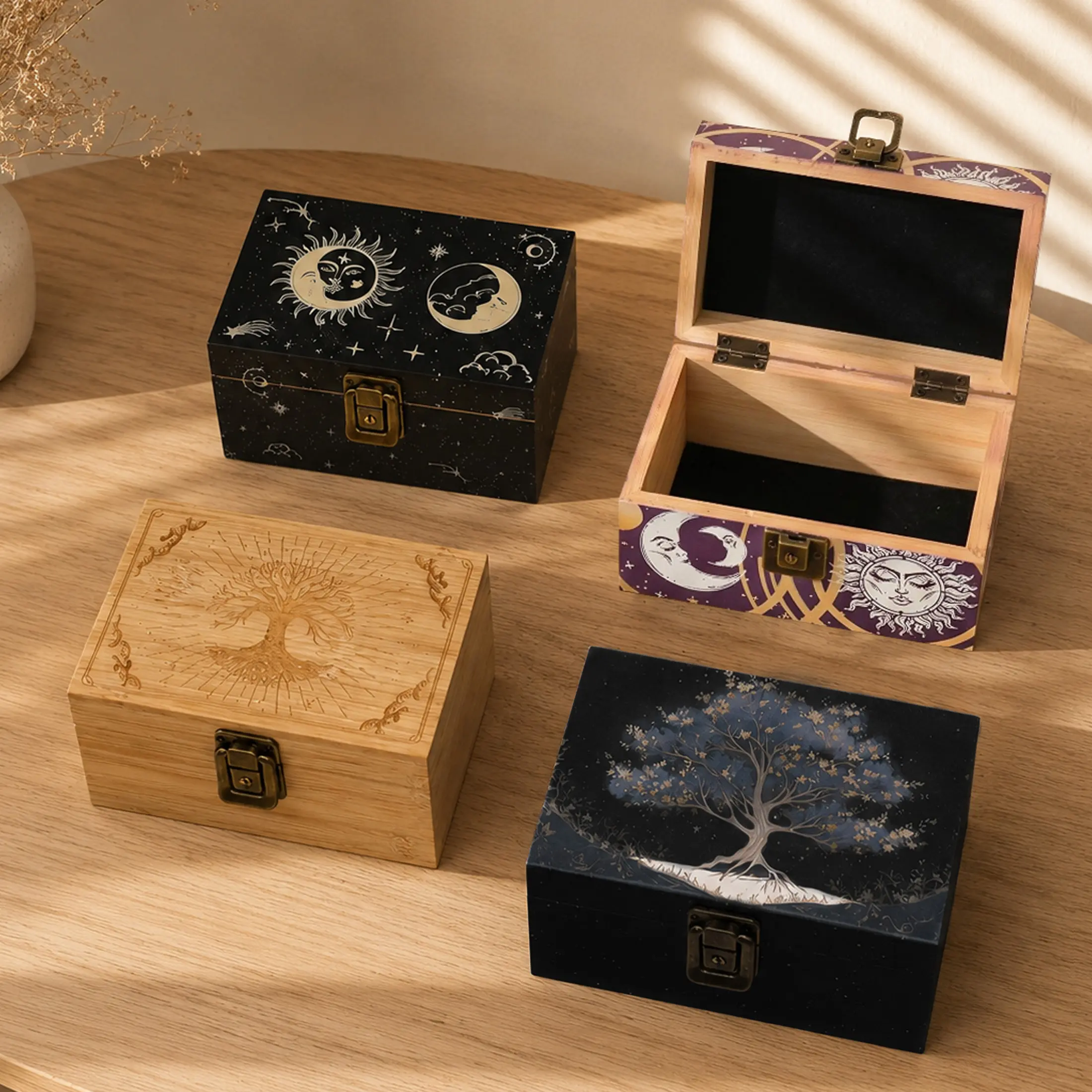 Lockable printed bamboo and wood storage box, multi-functional decorative commemorative gift box, desktop jewelry crystal tarot card storage box, portable personal item storage box, suitable for indoor and outdoor travel, holiday gift set.