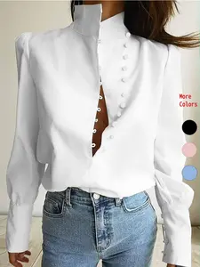 Women's Plain Button Front Shirt Blouse, Casual Elegant Loose Long Sleeve Top for Spring & Fall, Women's Clothing for Daily Wear