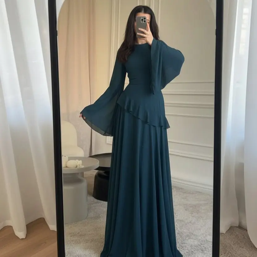 Women's Formal Wedding Guest Dress, Elegant Chiffon Maxi Gown with Tiered Ruffle Peplum and Dramatic Bell Sleeves, Wedding Guest Dresses MS227, Formal Dresses For Women