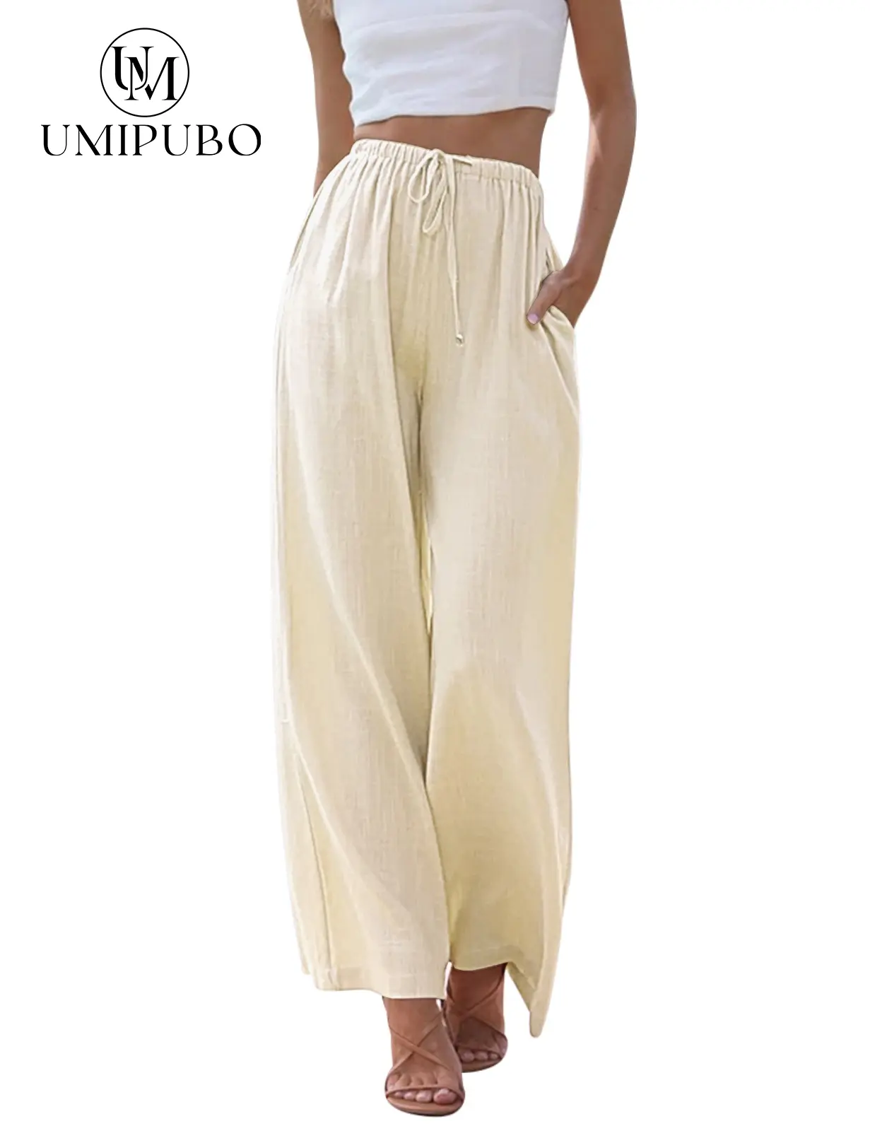 UMIPUBO Womens Linen Pants Casual Wide Leg Pants Summer Palazzo Pants Loose Flowy Beach Pants Drawstring Elastic Trousers SwimWeek