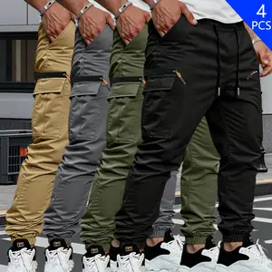 4-pack men’s cargo pants with tapered ankle and rolled hem design — durable non-stretch casual outdoor pants suitable for everyday wear