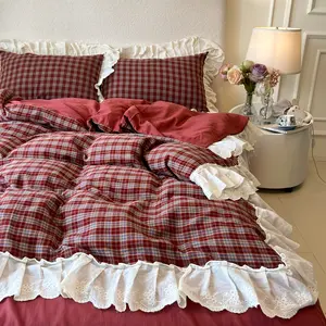 New French Hollow Lace Plaid Bedding Set, Soft Comfort Four Seasons Use, Includes One Duvet Cover and Two Pillowcases