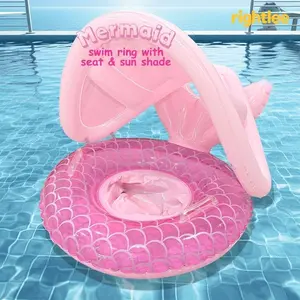 Dreamy Mermaid Tail Kids Inflatable Swim Ring, Foldable Sunshade, Anti-Tip Handle, Thick PVC, Baby Outdoor Water Play Float, Inflatable Circle