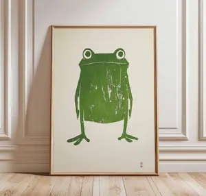 Green Frog Poster – Minimalist Animal Art, Retro Frog Illustration, Japanese-Inspired Nature Wall Art Unframed