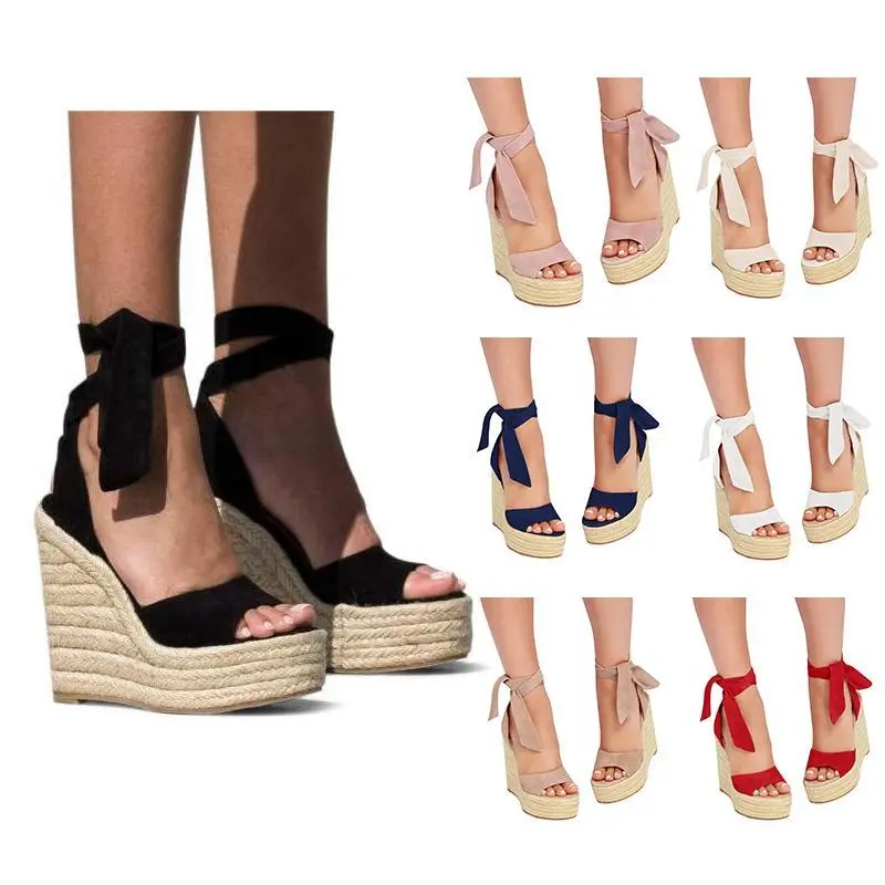Classy Women's Wedge Sandals, Faux Suede Espadrille Platform Footwear with Lace Up Ankle Tie and 4-Inch Heel, Stylish, Elegant, Approximately 4", Open Toe, Ankle Strap, Casual, Faux Suede Soft Vamp, Wedges