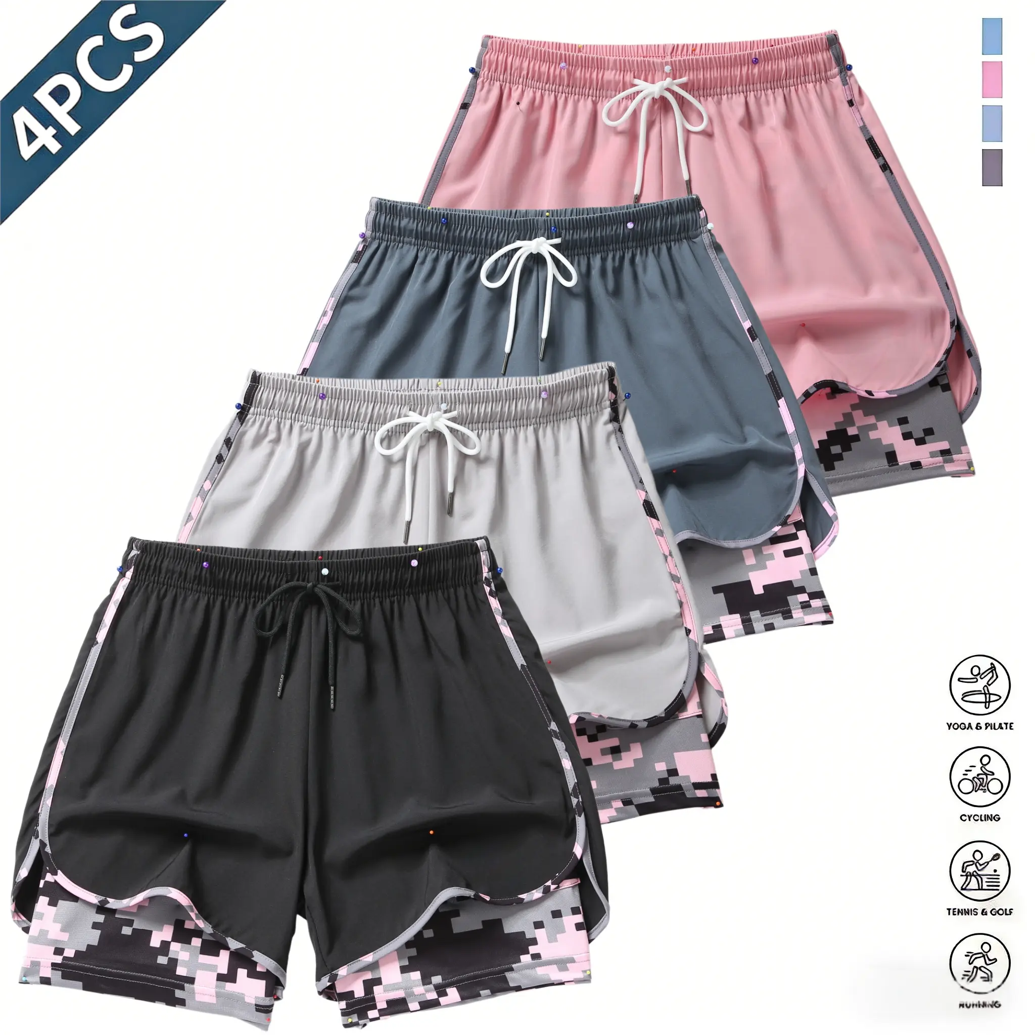 Set of four women’s double-layer camouflage shorts with contrasting colors—trendy athletic style featuring a layered design. Elastic drawstring waistband for adjustable fit, curved hem detailing that shapes the legs. Breathable, stretchy fabric that is sk