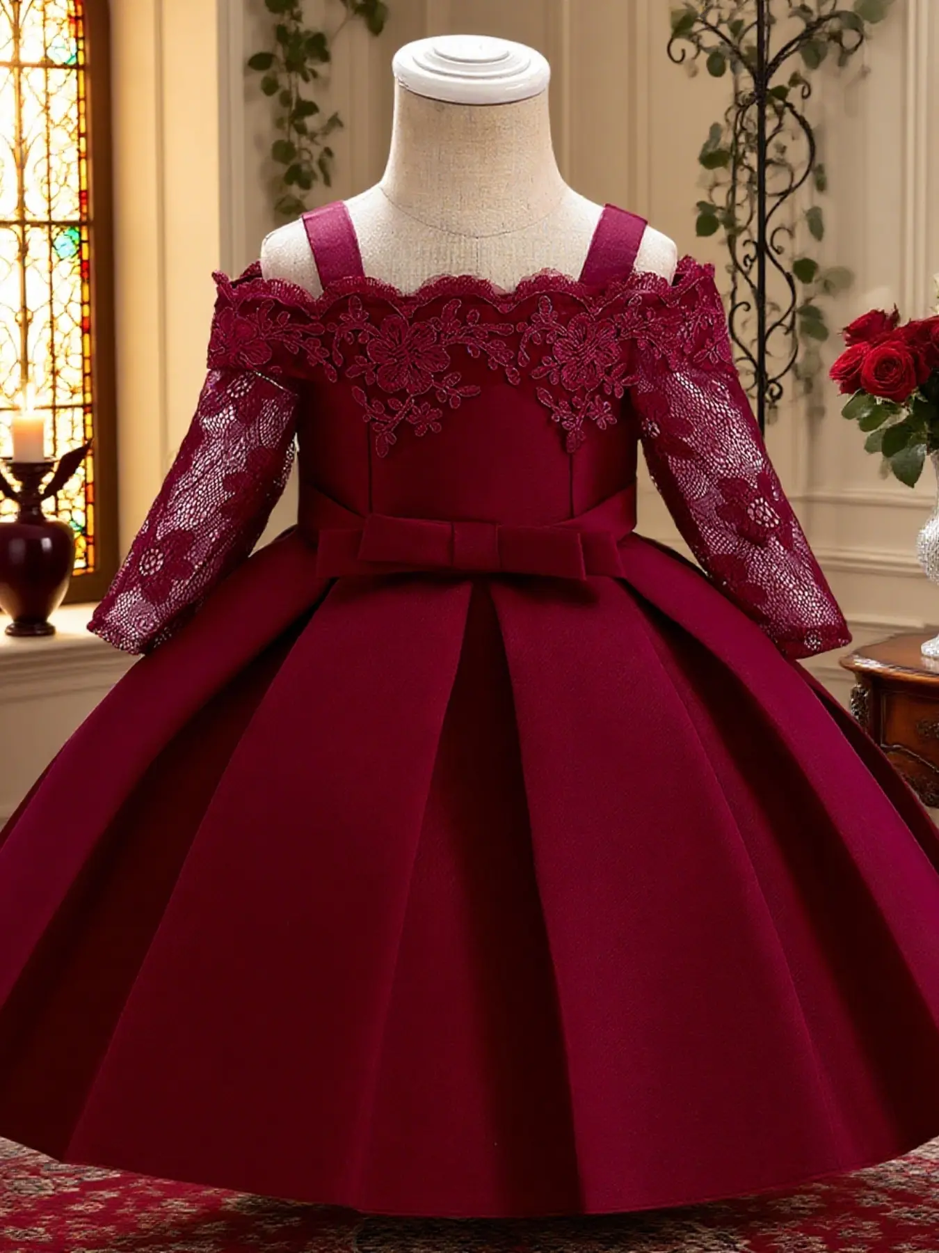 Girls' lace satin A-line Toddler Party Dress elegant party wear lovely bow dress solid color with waist bow detail suitable for special occasions