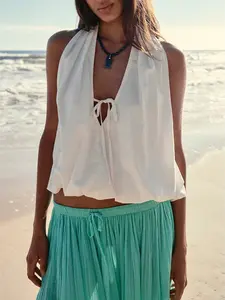 Women's Sleeveless Tank Top, Deep V Neck Tie Front, Loose-Fitting Y2K Style, Casual Beach Resort Wear, Street Fashion, Aesthetic