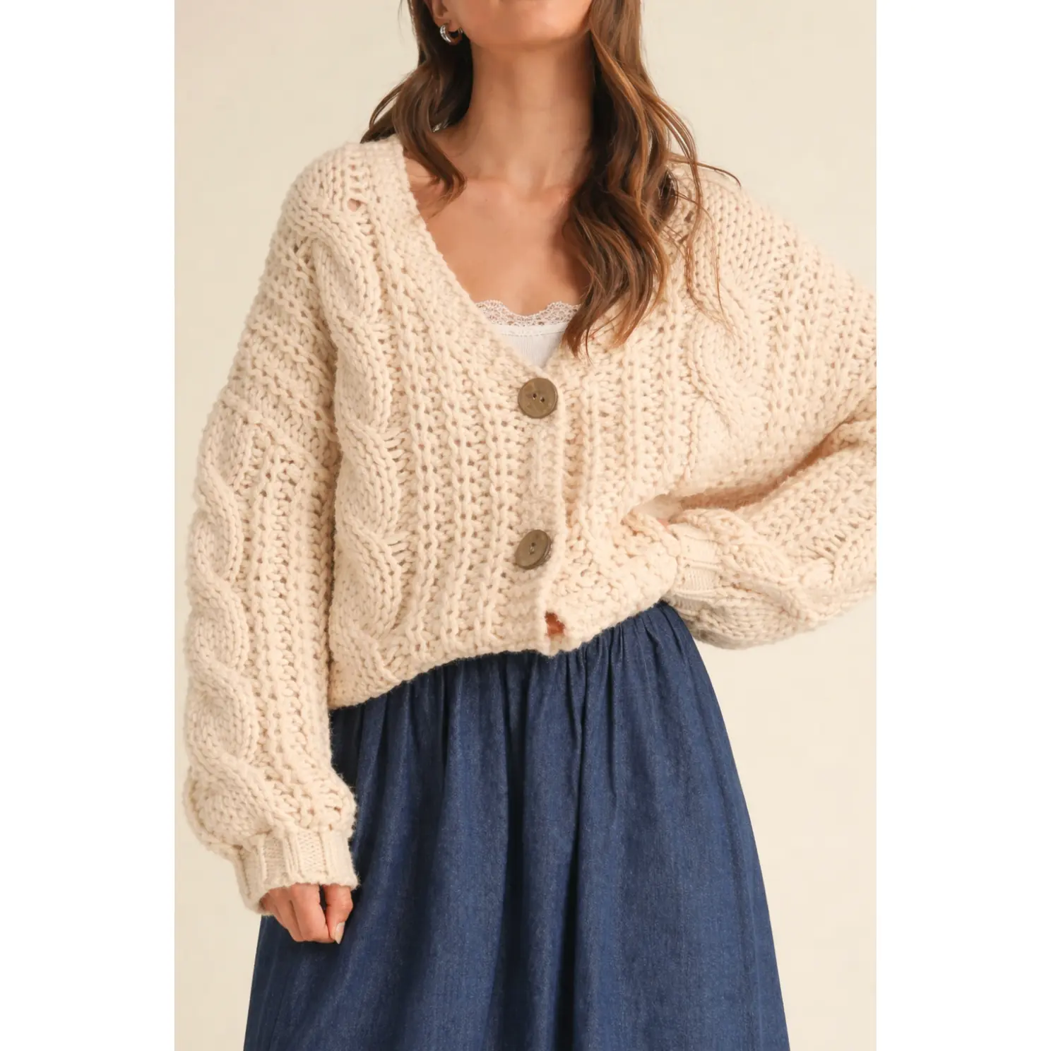 Cecelia Cable Knit Cardigan in Cream