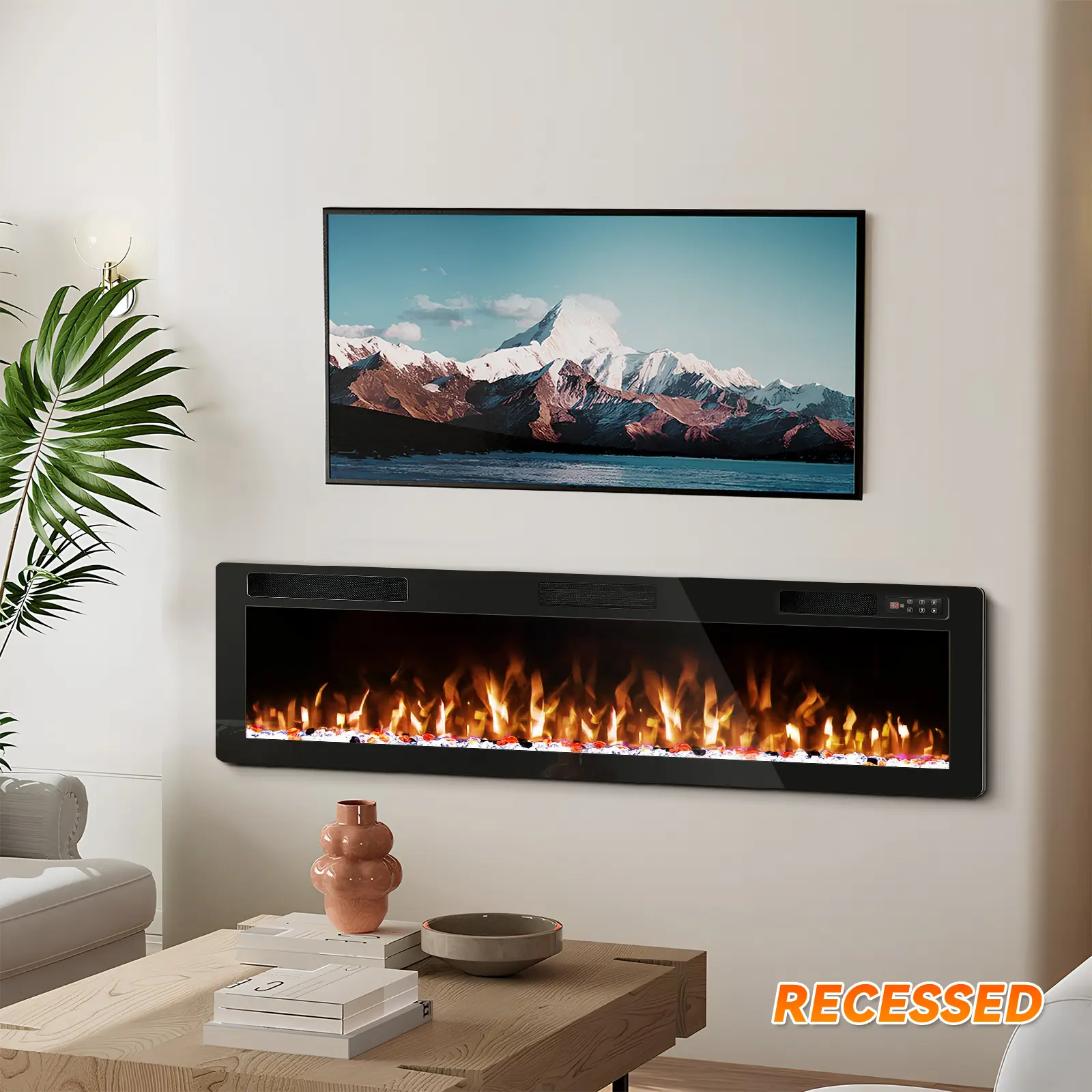 PUKAMI Electric LED Fireplace - In-Wall Recessed Home Appliance, Glass Entertainment Center Heater with Multicolor Flame, Silent 750/1500W, Timer, Touch Screen & Remote Control Household Warmer for Living Room