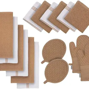 16 Piece Kitchen Dish Cloths Set - 100% Cotton Dish Towels, Heat Resistant Kitchen Mittens and Pot Holder Set, Reusable Dish Rags for Washing Dishes, Dish Towels for Kitchen Drying - Beige