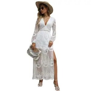 2026 Bohemian Lace Long Sleeve Maxi Dress, Elegant V-Neck High Waist Slit Flowy Beach Dress for Women in 3 Elegant Colors #BohoDress #LaceMaxiDress #BeachVacationOutfit #SlitMaxi #2026SummerFashion #WomenElegantDress