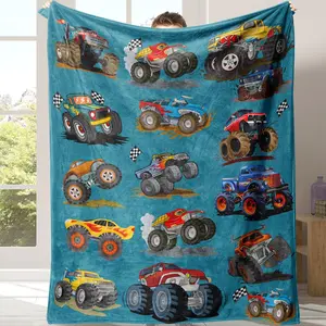 Monster Truck & Train Pattern Blanket, 1 Count Soft Comfortable Throw Blanket, Warm Napping Blanket, Lightweight Multifunctional Blanket for Home Office Travel Camping