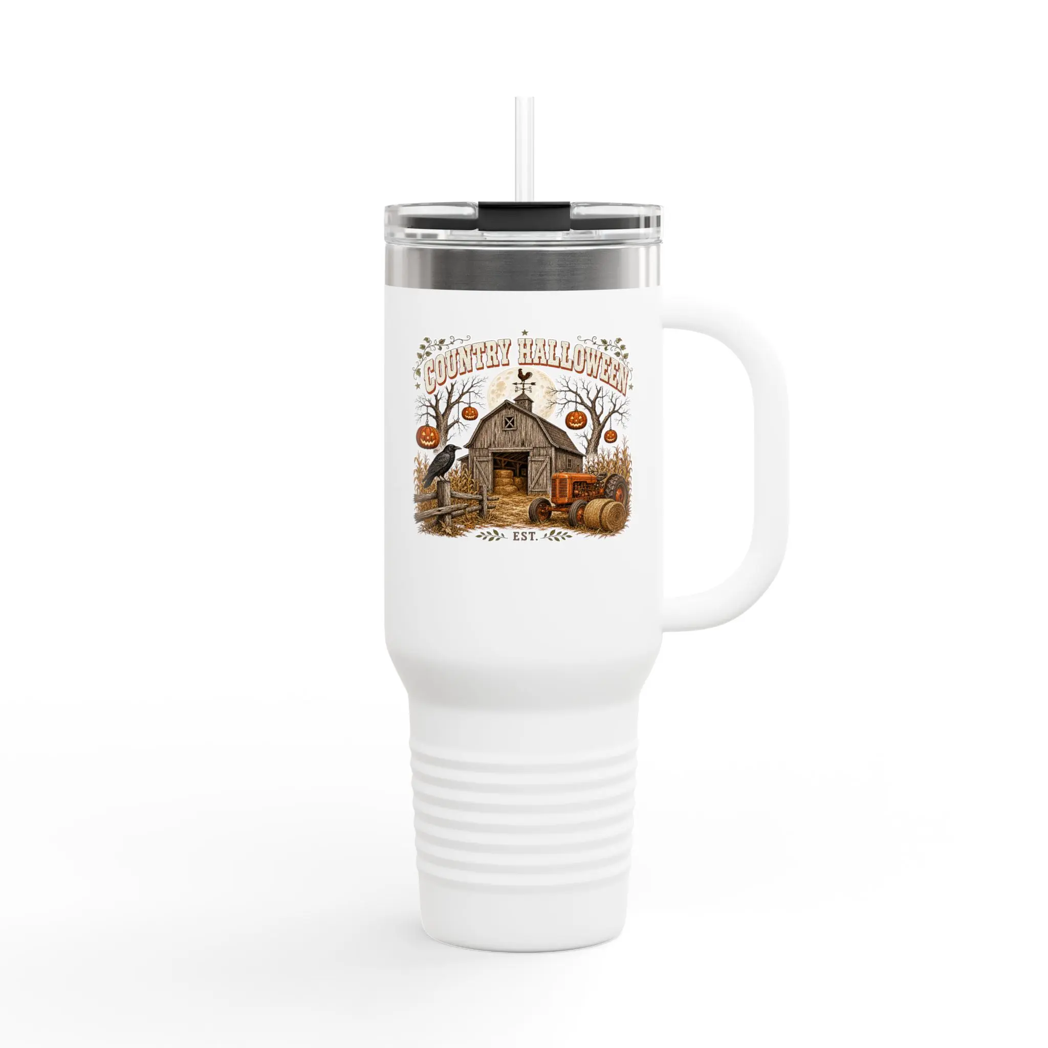 Rustic Barn Harvest 40oz Travel Mug | Autumn Pumpkin Farm Scene