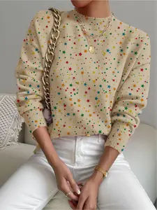 Women's Star Print Stand Collar Sweater, Fall Winter Casual Long Sleeve Fashion Knitwear, Comfortable Warm Fitted Top, Daily Wear Style, Womenswear