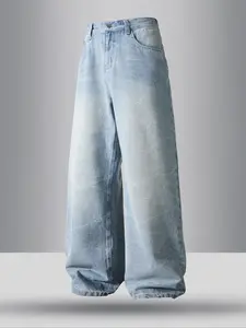 Men's Vintage Wash Tie-Dye Light Blue Jeans, Loose Straight Leg Denim Jeans, Casual Jeans, Y2K Style Streetwear, Perfect Gift for Boyfriend Husband