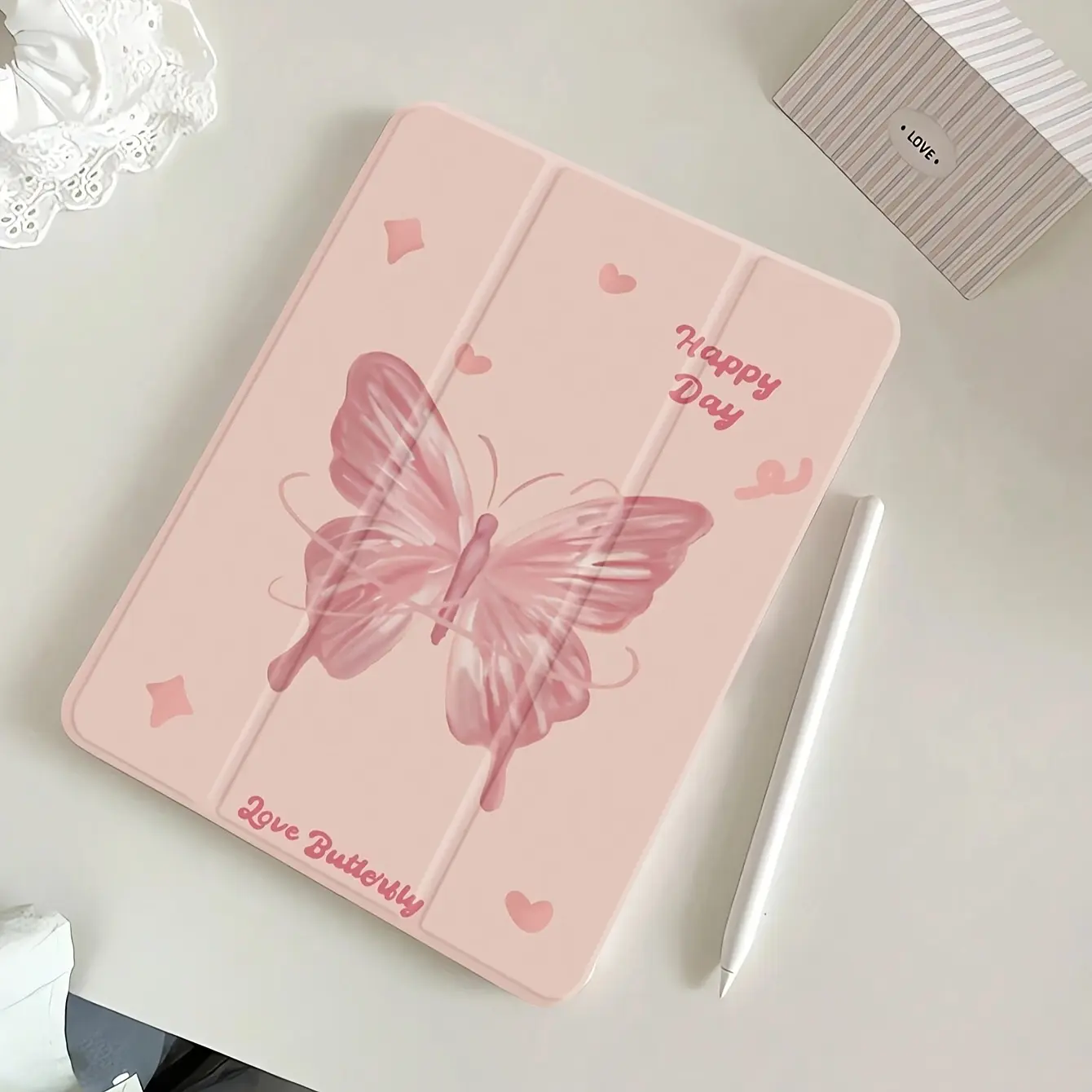 Trifold Pink Butterfly Pattern Tablet Cover with Bracket & Pen Slot - Protective Casing for iPad Mini 4/Mini 6, 2017/2019 iPad, 2020 Full-Screen Pro, 2024 Pro, Air 5, 10th Gen Tablet Accessories