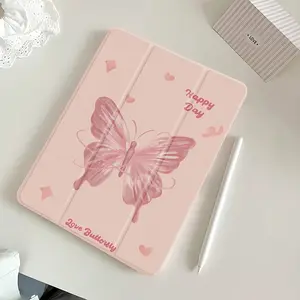 Trifold Protective Case with Pink Butterfly Pattern, with Bracket And Pen Slot, Suitable for Ipadmini4/ Mini6/ Ipad2017/ 2019/ for Ipad Pro/ 20 Version Full Screen/ 2024 Version/ Iairpad 5/ 10Th