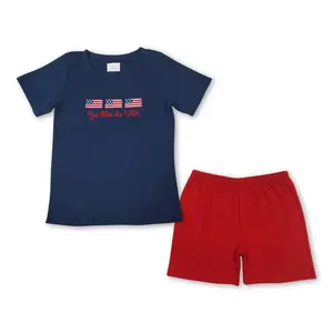 July of 4th embroidered flag Print Boys sets